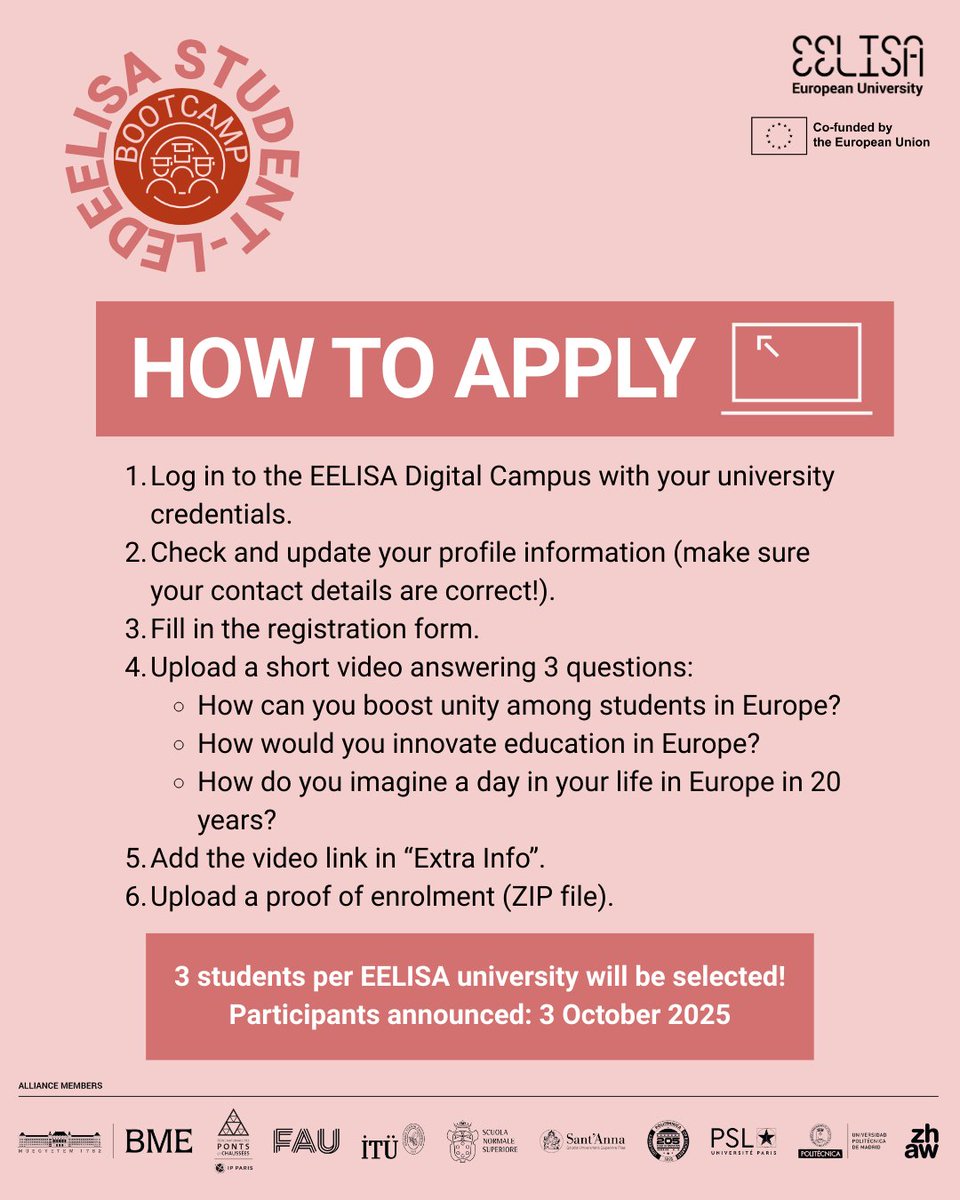 📢Último día para apuntarte al #EELISA Student-led Bootcamp y viajar a Estambul
💡2 jornadas en <a href="/itu1773en/">Istanbul Technical University</a> para ayudar a construir el futuro de Europa y colaborar con otros estudiantes
💸 Costea tu viaje con las ayudas EELISA UPM
🔗short.upm.es/a3nxr
 #somosUPM #somosEELISA