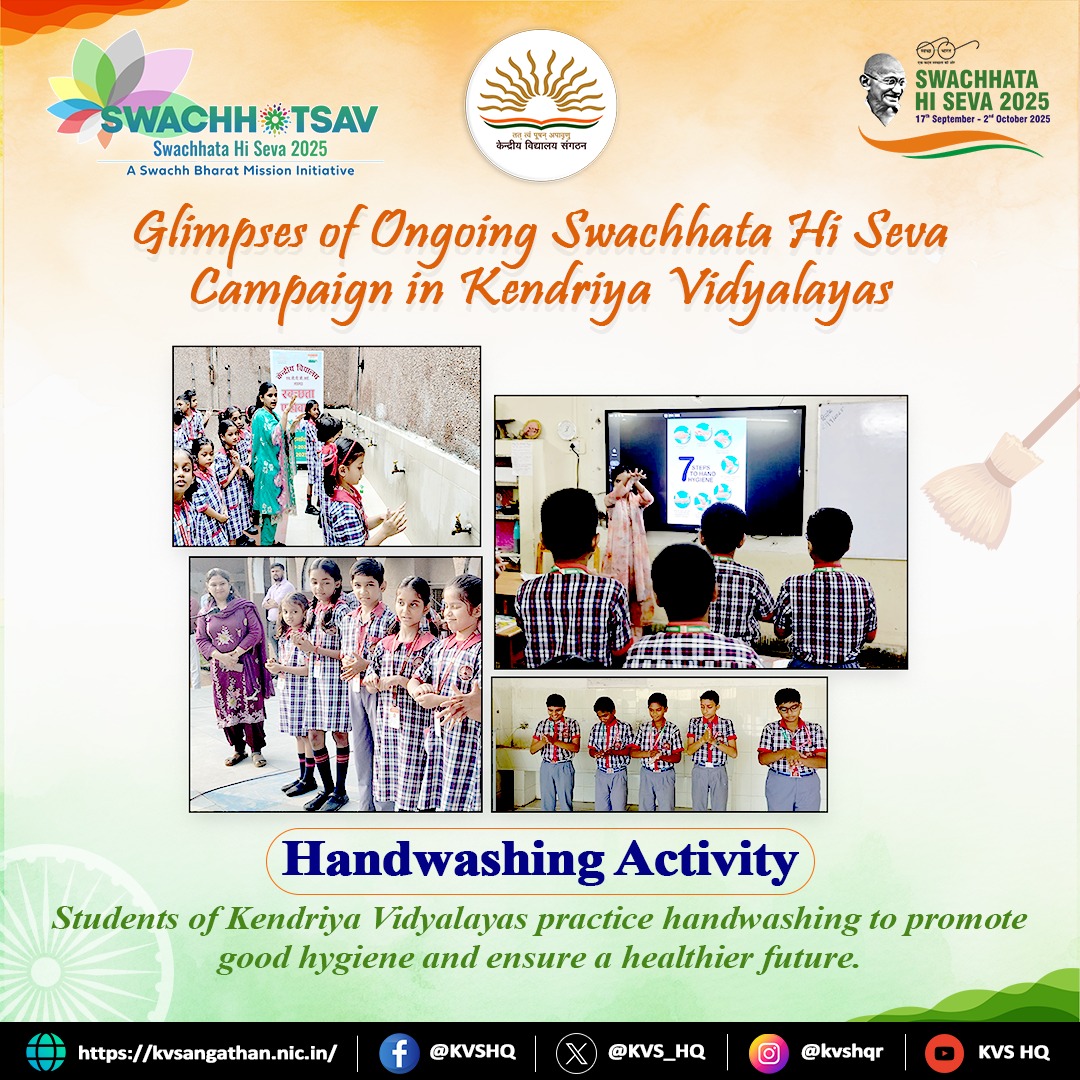KVS_HQ's tweet image. Across the nation, #KV students are actively participating #SwachhataHiSeva Campaign!

#Handwashing Activity highlighted the importance of personal hygiene and healthy future.

#KVS #SwachhBharat