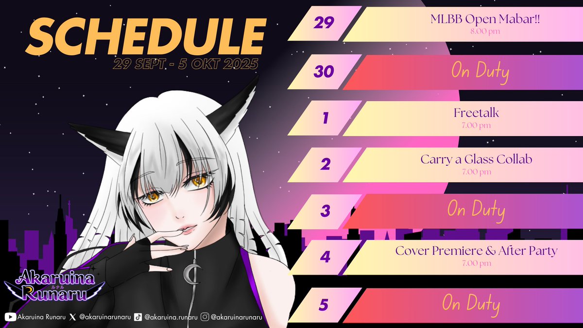 akaruinarunaru's tweet photo. Misii, ini skejul aku untuk minggu ini yess, jangan lupa datang di premiere cover tanggal 4!!

[tags] 
General #AkaruinaRunaru
Fams #moonshine
Fanart #akaruinart
NSFW #runarunsfw
Live #runalive
Oshi marks: 🦉🌙 https://t.co/WVBWnPC44f