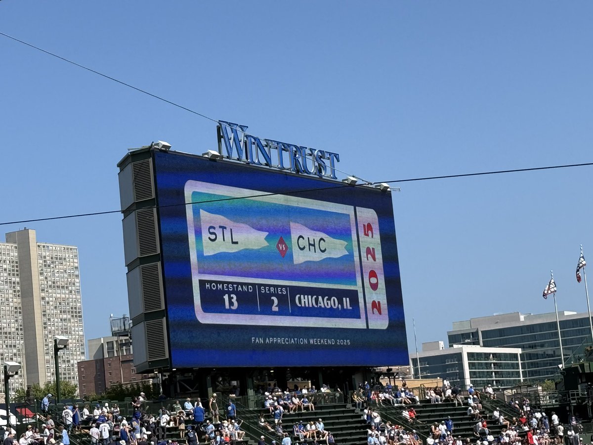 Xriptian's tweet image. Game #147 – September 28, 2025
St. Louis Cardinals vs Chicago Cubs
Wrigley Field, Chicago IL

The last day of Fan Appreciation Weekend and the final game of the regular season. I finally got one of the Cubs pennant giveaways to add to my collection. It was a beautiful day at…