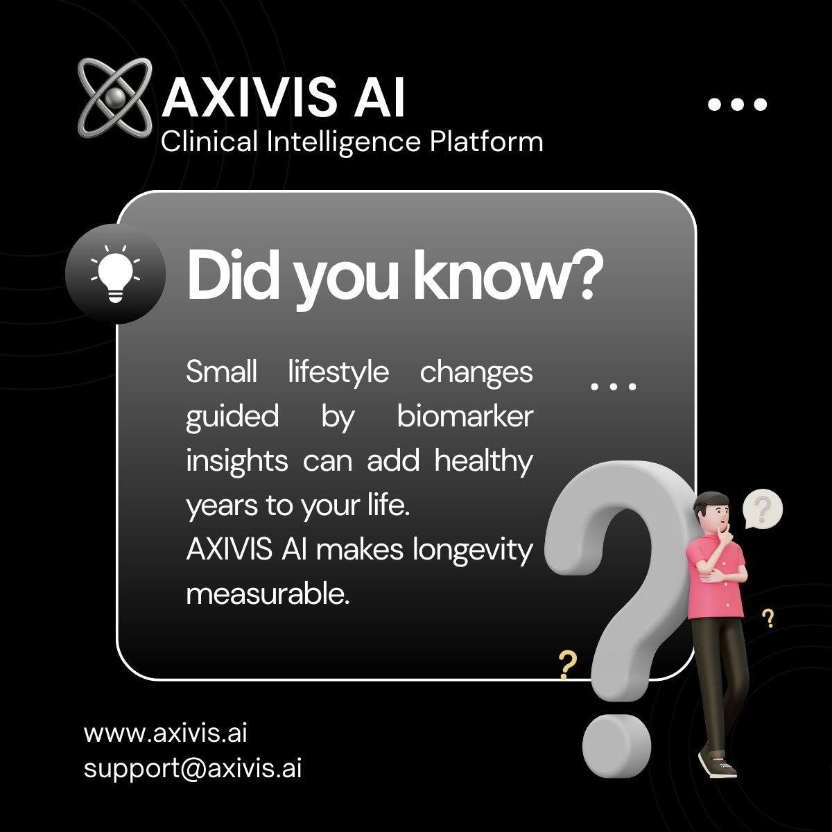 axivisAI's tweet image. Longevity can be measured. 🧬✨

Small lifestyle changes, guided by biomarker insights, can add healthy years to your life.

AXIVIS AI makes it measurable — giving you clarity on how to live longer, healthier.
👉 axivis.ai

#AXIVISAI #HealthTech #Biomarkers