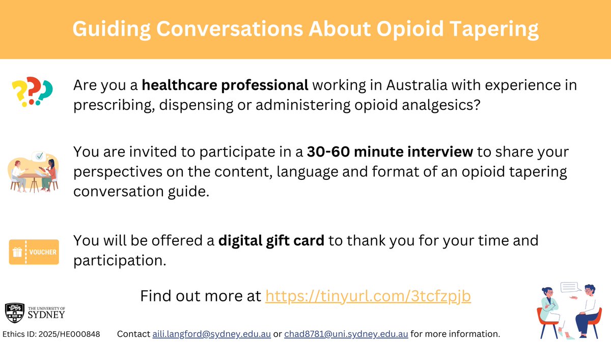 Australian Deprescribing Network (ADeN) (@deprescribeau) on Twitter photo 📢Are you a healthcare professional in Australia with experience in prescribing, dispensing or administering opioids?
You are invited to participate in an interview to help design an opioid tapering conversation guide.
Find out more information here👉redcap.sydney.edu.au/surveys/?s=DEW… 📢Are you a healthcare professional in Australia with experience in prescribing, dispensing or administering opioids?
You are invited to participate in an interview to help design an opioid tapering conversation guide.
Find out more information here👉redcap.sydney.edu.au/surveys/?s=DEW…