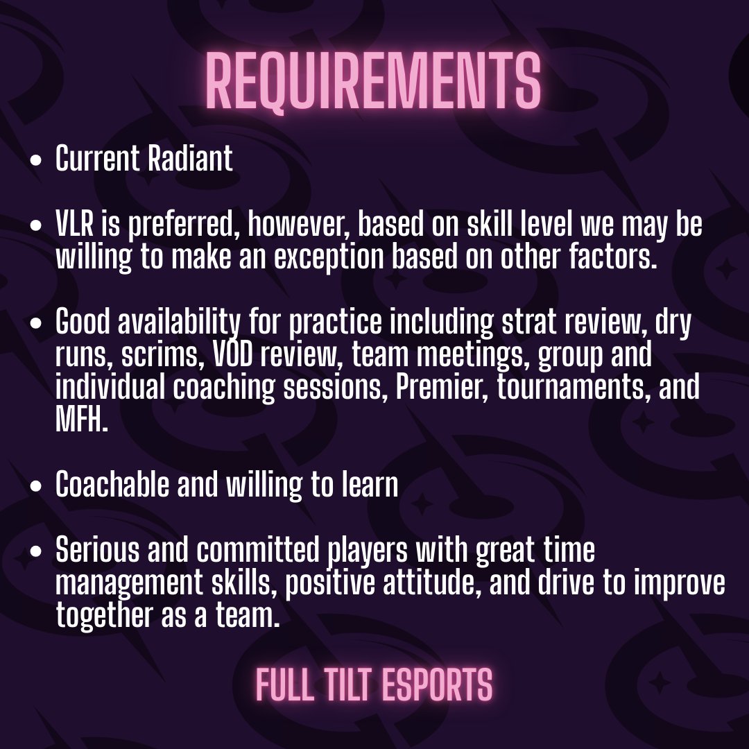 After a long hiatus, Full Tilt ESports is back! We are now looking for serious and committed current radiant players who are ready to compete! Message Sinner0420. (with the .) on Discord.
<a href="/Hitbox_Americas/">HitBox Americas</a> <a href="/ValorCentral/">Valor Central</a>