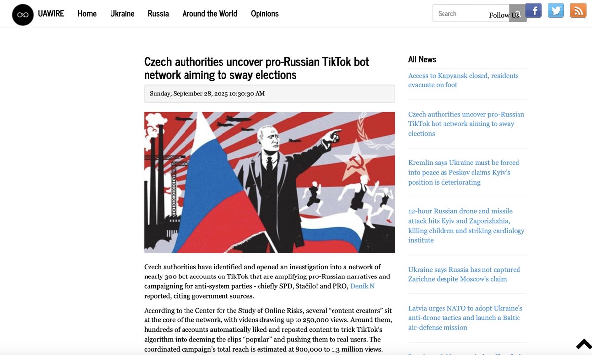 D'après des sources gouvernementales, les autorités tchèques ouvrent une enquête sur un réseau de près de 300 Bots sur TikTok qui amplifient les discours pro-russes et font campagne pour les partis antisystème, principalement le SPD, Stačilo ! et PRO