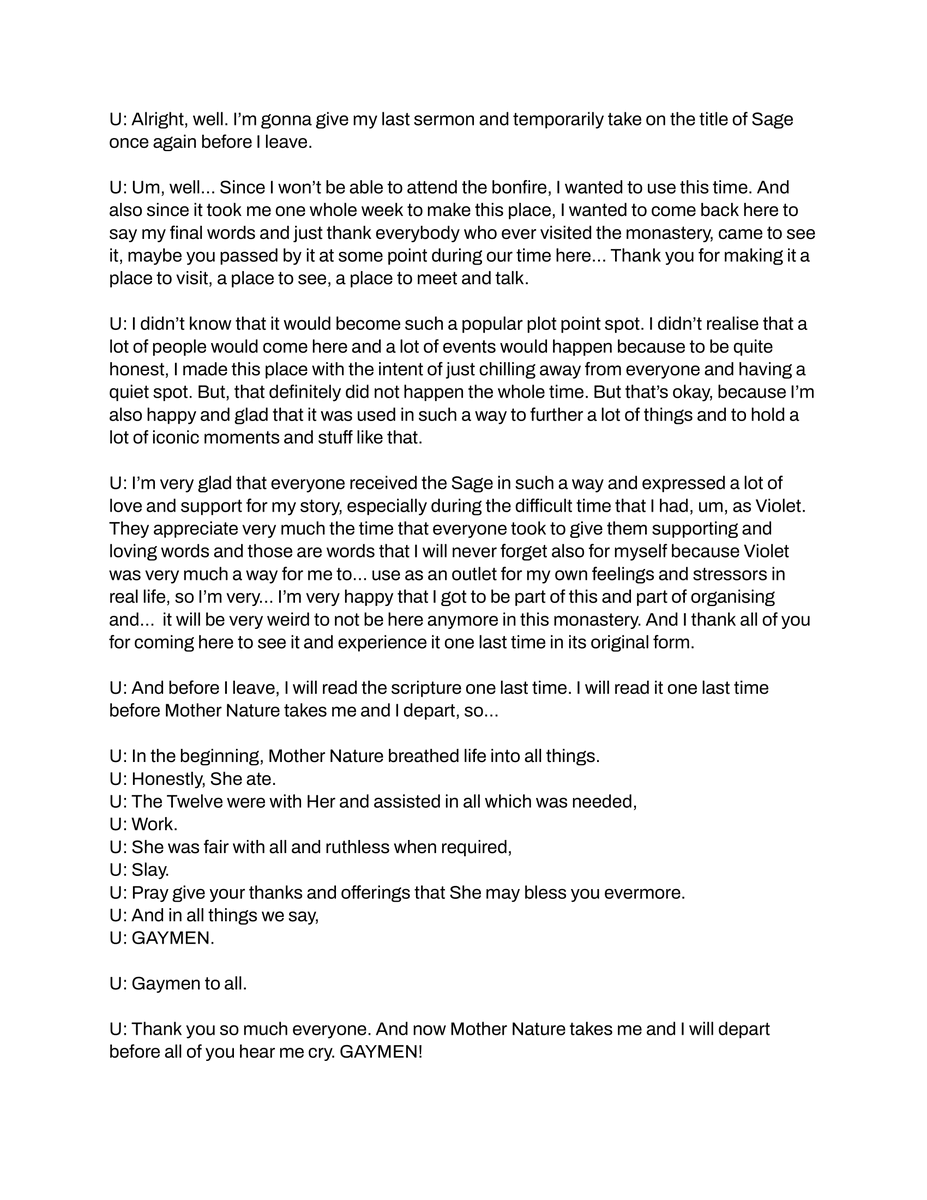 kasruia's tweet image. transcription of uki&apos;s last speech as violet from the sermon at the monastery! i really enjoyed violet&apos;s character a lot so i felt kind of emotional 🥹 thank you to uki for working so hard on the monastery and giving us such a wonderful character!

#VCraftEnchanted #UkiVioleta