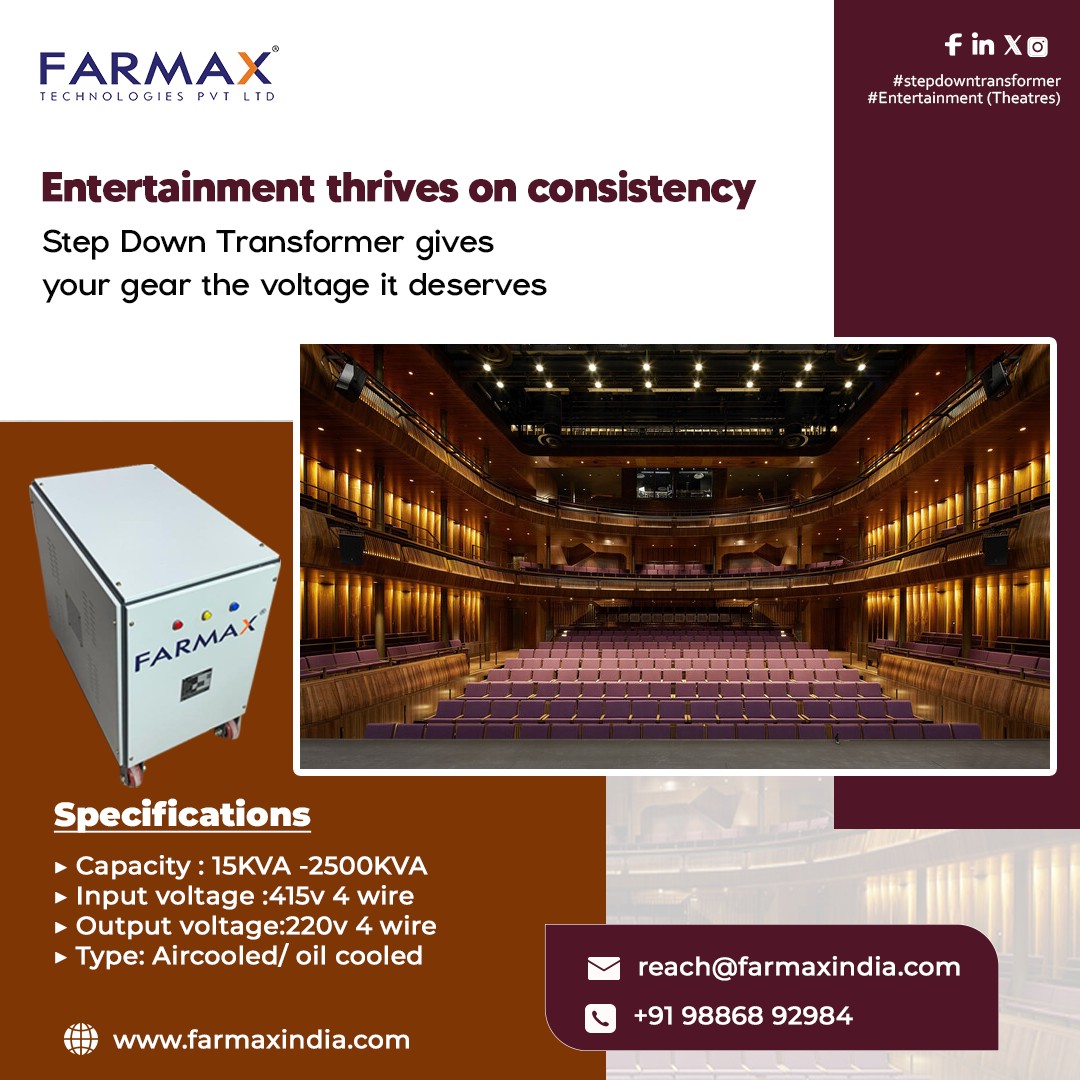 FarmaxT's tweet image. Entertainment (Theatres)!
 Entertainment thrives on consistency—Step Down Transformer gives your gear the voltage it deserves. 
📞 Call Us: 98868 92984
🌐 Learn more: farmaxindia.com
#PoweringPerformance #reliablepowermatters #TransformerTech #TheatreTech