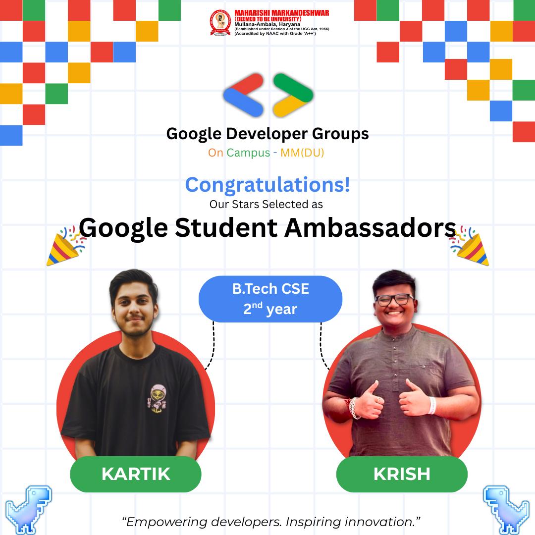 gdsc_mmdu's tweet image. 🎉 Congratulations to Kartik Kumar & Krish Aggarwal (B. Tech CSE, 2nd Year) for being selected as Google Student Ambassadors 👏✨
Proud moment for MM(DU)! 🌟
#GoogleDeveloperGroups #StudentAmbassador #Gemini #GDG