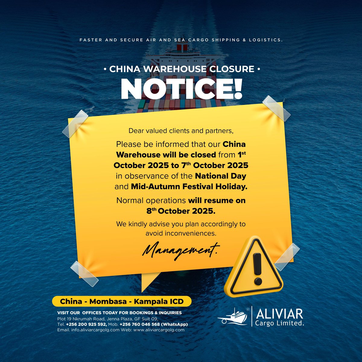 Kind reminder 
#Aliviarcargo #chinatokampala #MidAutumnFestival #logistics