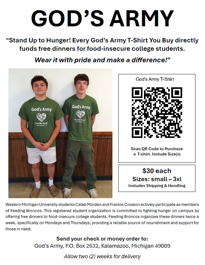 BaptismUSA's tweet image. Join the fight against hunger on college campuses! Support the God&apos;s Army t-shirt fundraiser and help provide FREE dinners to those in need. Every shirt makes a difference! DM us for details. 💖🍽️ #GodsArmy #FightHunger #CampusUnity