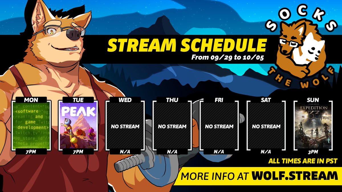 oh my god did socks just post a schedule this week? hell yes he did

Mon 7pm - Trying to get new 3D stuff working
Tues 7pm - PEAKING with Peacho, Fahn and bonus secret other guest???
Sunday 3pm - Becoming french

see you there &lt;3