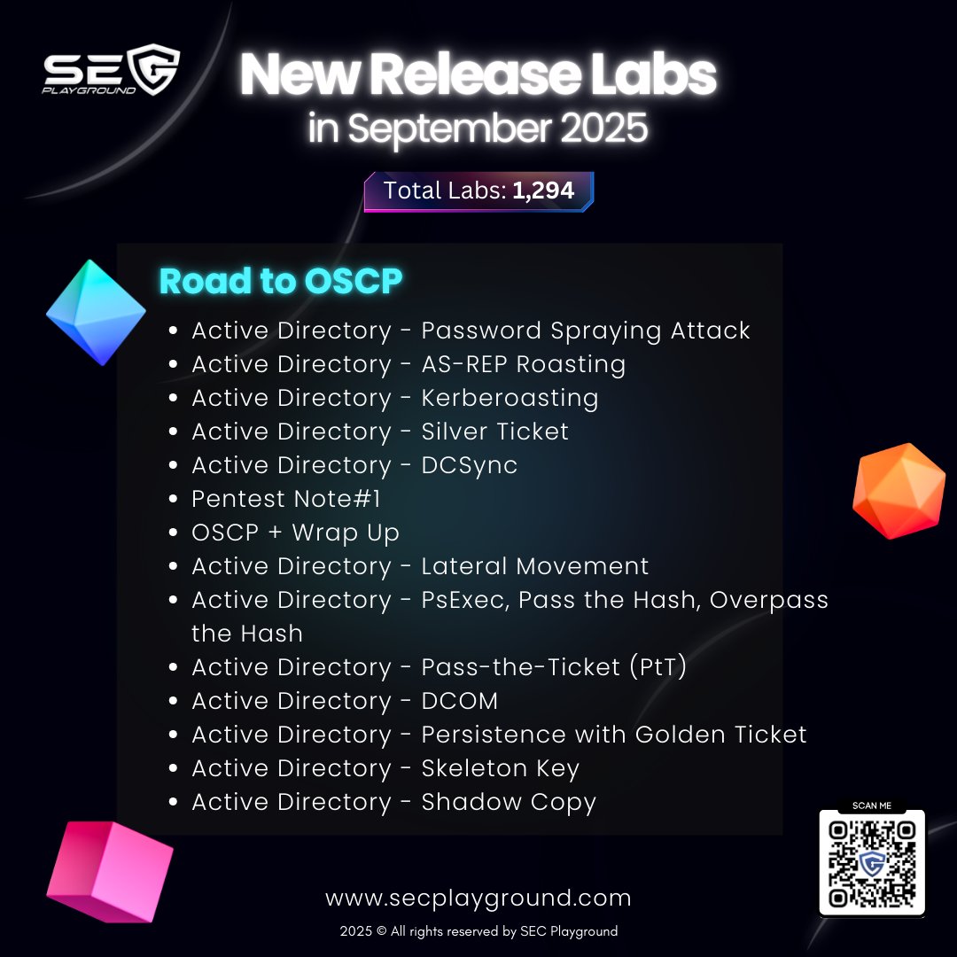 secplayground's tweet image. ✨ SECPlayground New Release Labs ✨

SECPlayground is constantly adding new content to 
help you continuously learn and develop yourself.  

➤ Road to OSCP
➤ Security Awareness Training Course

#LearnCybersecurity #SECPlaygroundNewReleaseLabs