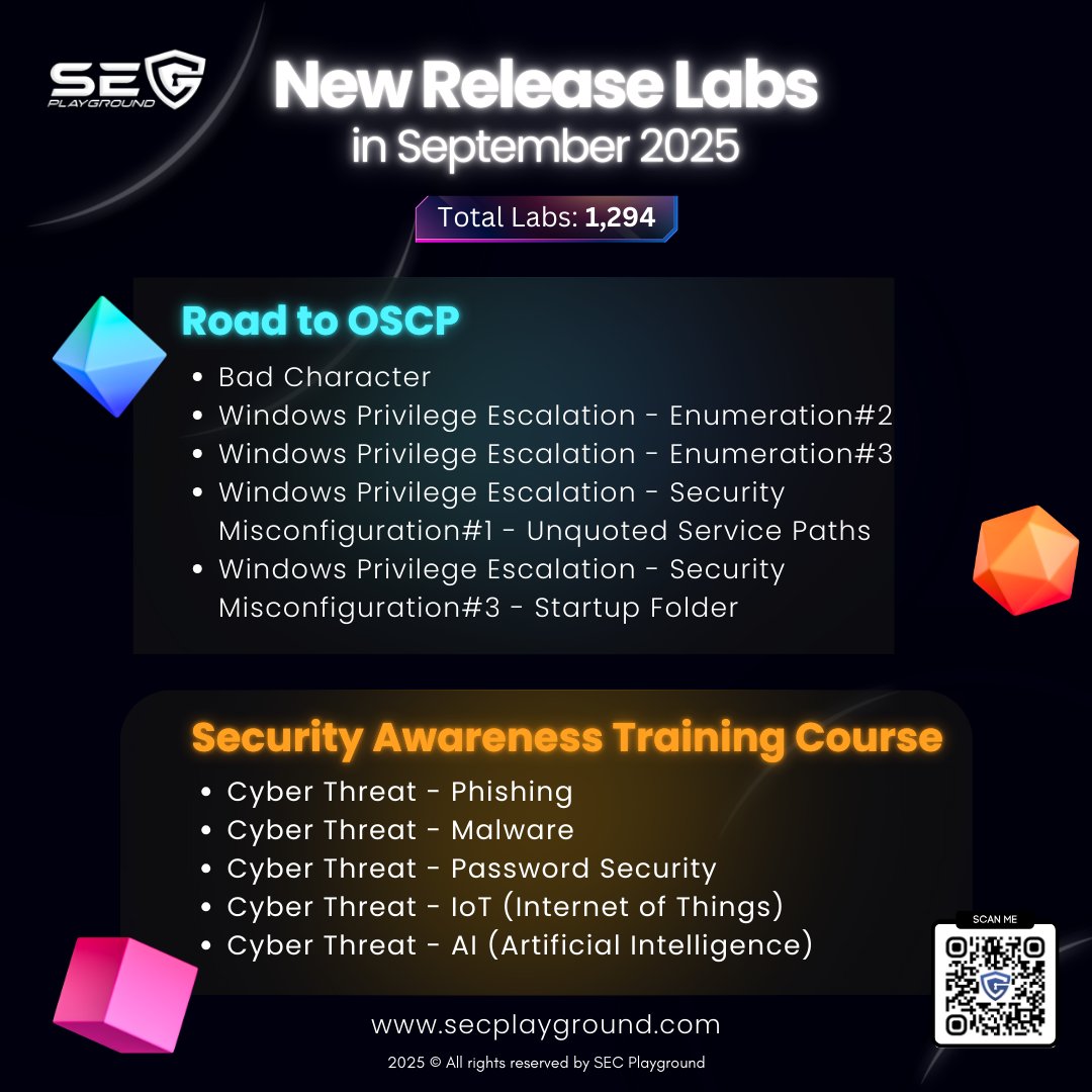 secplayground's tweet image. ✨ SECPlayground New Release Labs ✨

SECPlayground is constantly adding new content to 
help you continuously learn and develop yourself.  

➤ Road to OSCP
➤ Security Awareness Training Course

#LearnCybersecurity #SECPlaygroundNewReleaseLabs