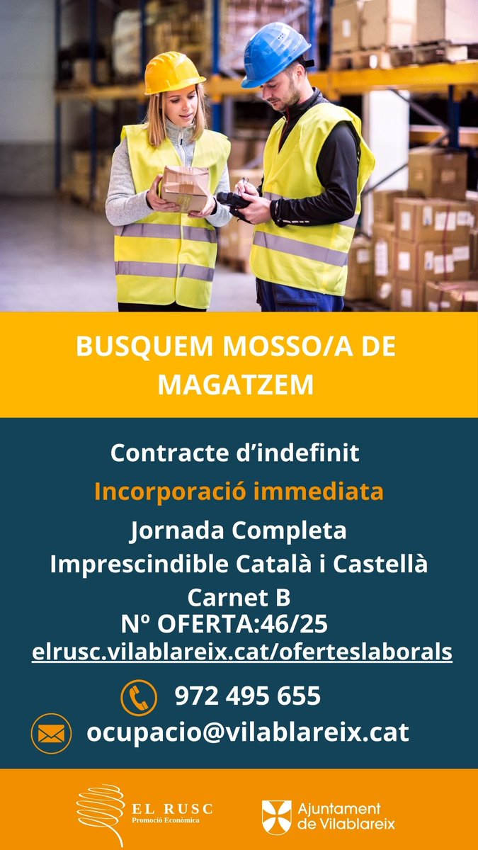 🛒 Ajudant/a de botiga – Mosso/a de magatzem
🔧 Ajudant/a muntador/a de canalitzacions
📦 Mosso/a de magatzem

➡️ Contracte indefinit i incorporació immediata!

👉 envia el teu Cv a ocupacio@vilablareix.cat
#Vilablareix #Feina #Construcció