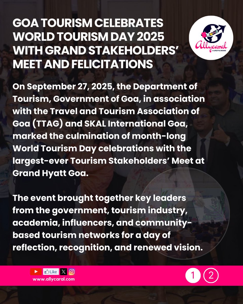 ALISHA (@allycaralgoa) on Twitter photo Goa Tourism marked #WorldTourismDay with its largest Stakeholders' Meet 🎉
Awards, recognitions, and a call to go #BeyondBeaches 🌴
Minister <a href="/RohanKhaunte/">Rohan Khaunte</a> & <a href="/TourismGoa/">Goa Tourism</a> led the charge toward #RegenerativeTourism
Read on: allycaral.com/2025/09/29/goa…
#GoaTourism #WTDay2025 <a href="/skalgoa/">Skal International Goa 691</a> Goa Tourism marked #WorldTourismDay with its largest Stakeholders' Meet 🎉
Awards, recognitions, and a call to go #BeyondBeaches 🌴
Minister <a href="/RohanKhaunte/">Rohan Khaunte</a> & <a href="/TourismGoa/">Goa Tourism</a> led the charge toward #RegenerativeTourism
Read on: allycaral.com/2025/09/29/goa…
#GoaTourism #WTDay2025 <a href="/skalgoa/">Skal International Goa 691</a>