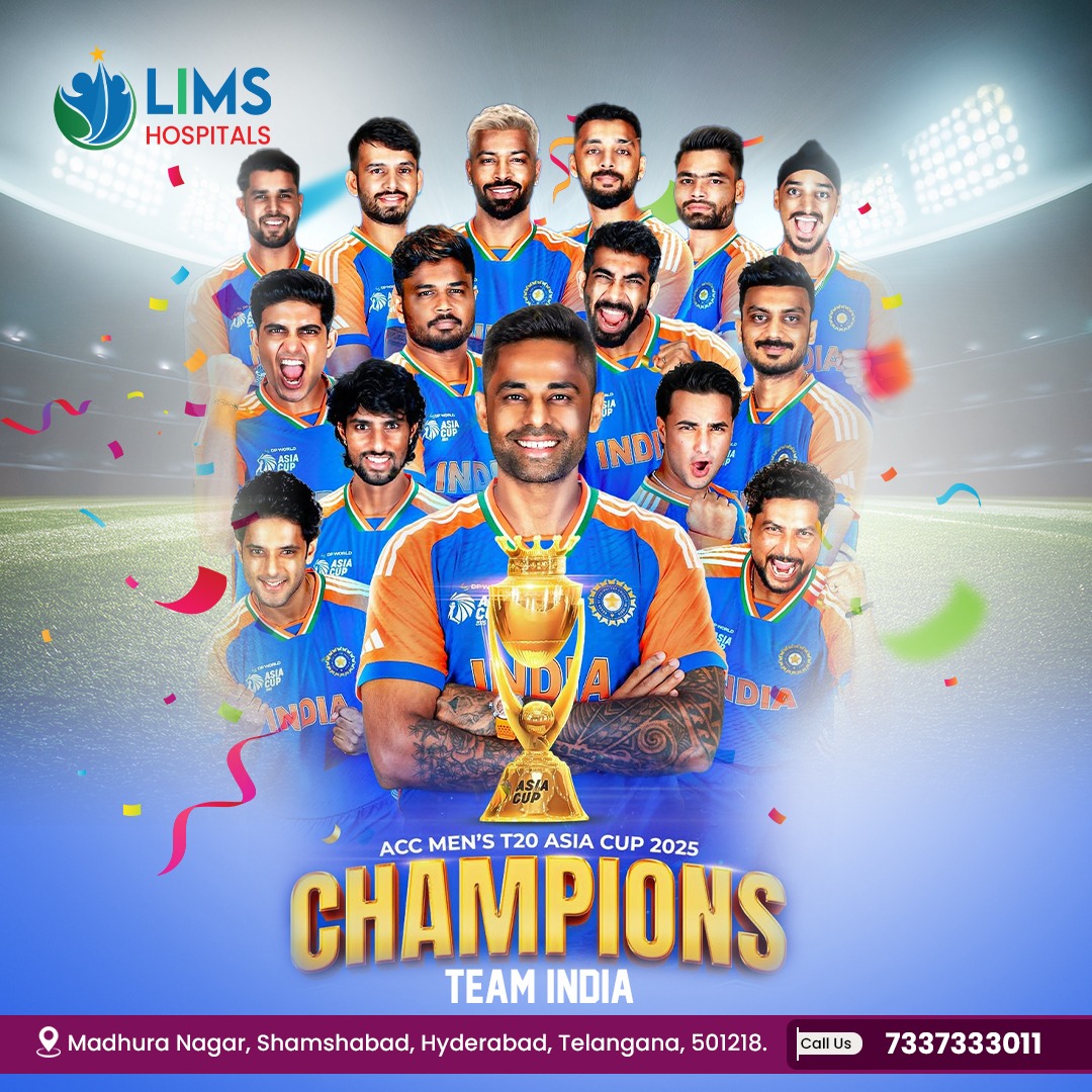 limshospital's tweet photo. History created! 🏆🇮🇳 Team India are the ACC Men’s T20 Asia Cup 2025 Champions! A proud moment for every Indian as our boys in blue showcased teamwork, dedication, and unstoppable spirit to bring home the glory. 

#AsiaCup2025 #LIMSHospital #shamshabad #TeamIndia #Champions https://t.co/MT9xJAfciL