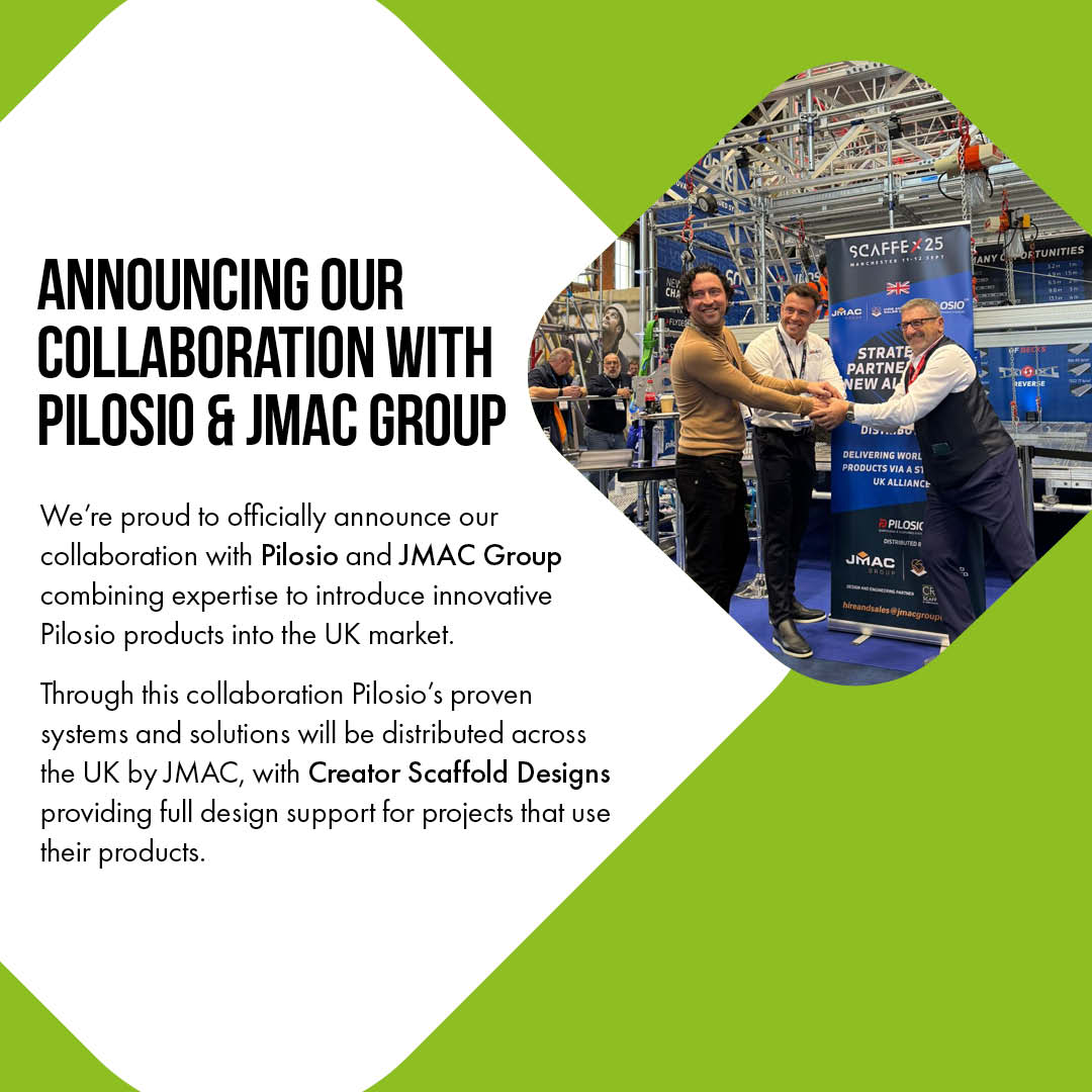 Pleased to announce our collaboration with <a href="/pilosiosrl/">Pilosio</a> &amp; JMAC Group 🎉

JMAC will distribute Pilosio’s innovative systems across the UK, while Creator Scaffold Designs provides full design support.

A great step forward for scaffolding &amp; temporary works innovation.

#Scaffolding