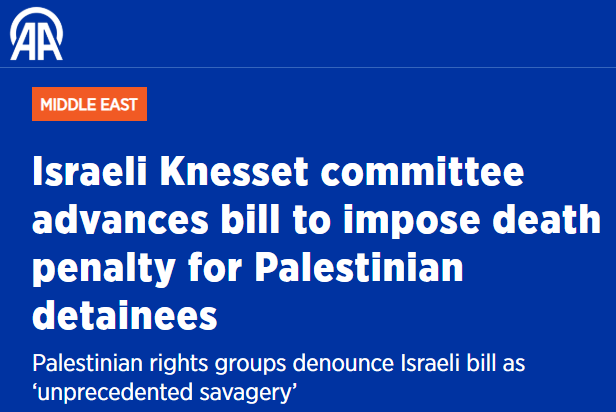Ein Knesset-Ausschuss stimmte dafür, in #Israel die #Todesstrafe für palästinensische Gefangene („Terroristen“) einzuführen. 🇵🇸Gefangenenrechts-NGOs sprechen von „beispielloser Barbarei“ und „systematischen Verbrechen“.

Todesstrafen-Apartheid dann auch bald Teil dt #Staatsräson.