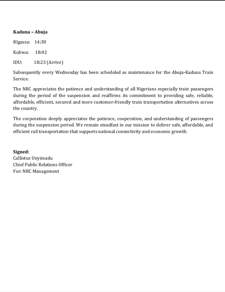 NRC_Help's tweet photo. ABUJA-KADUNA PASSENGER TRAIN SERVICES RESUMES OCTOBER 1ST 2025 https://t.co/nbQOcJREgZ