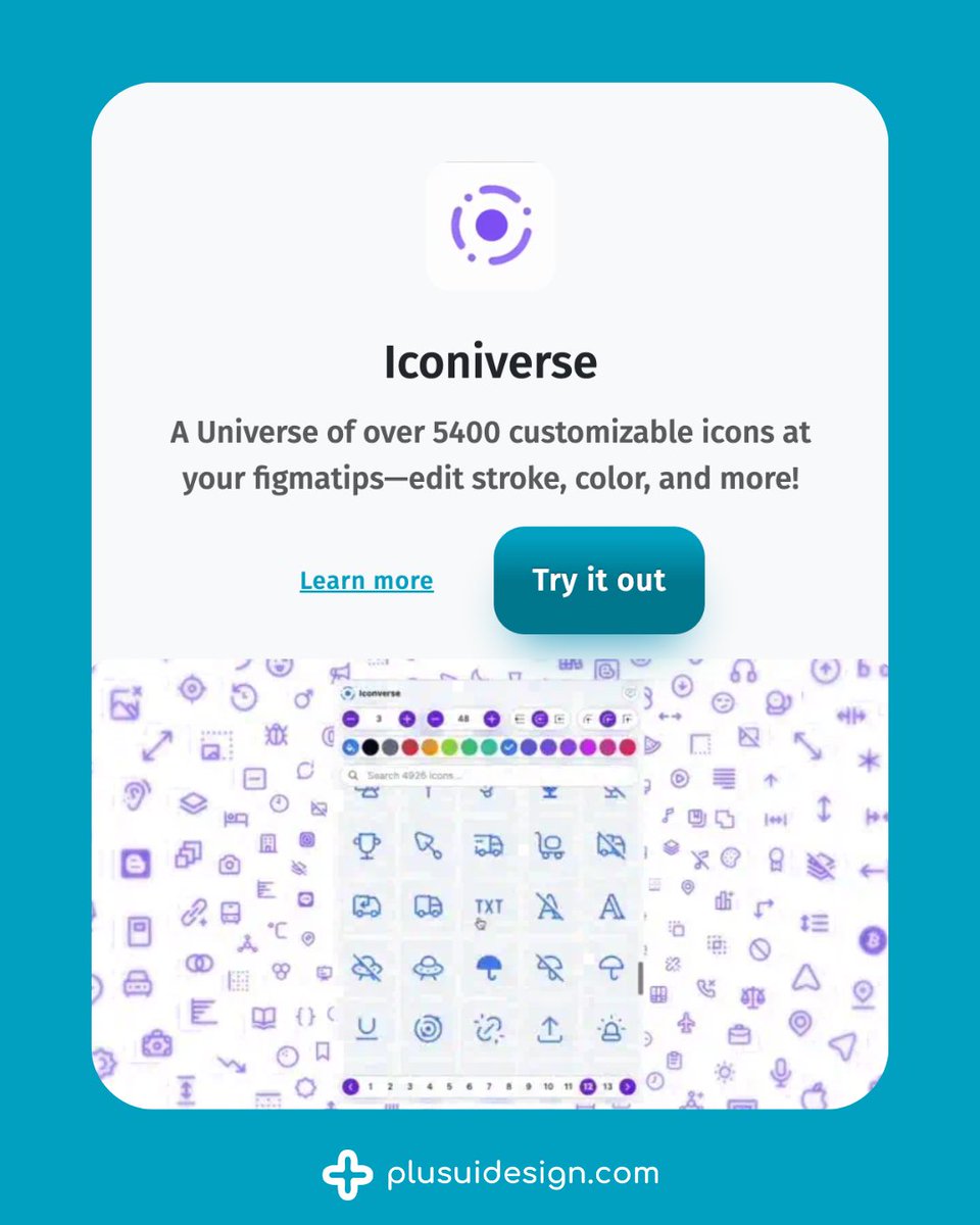 plusuidesign's tweet image. 🚀 Upgrade your design workflow with Iconiverse – 5,400+ customizable vector icons right inside Figma. Edit strokes, colors &amp;amp; styles in seconds.
👉 Try it here: zurl.co/09wdn

#FigmaPlugin #UIDesign #VectorIcons