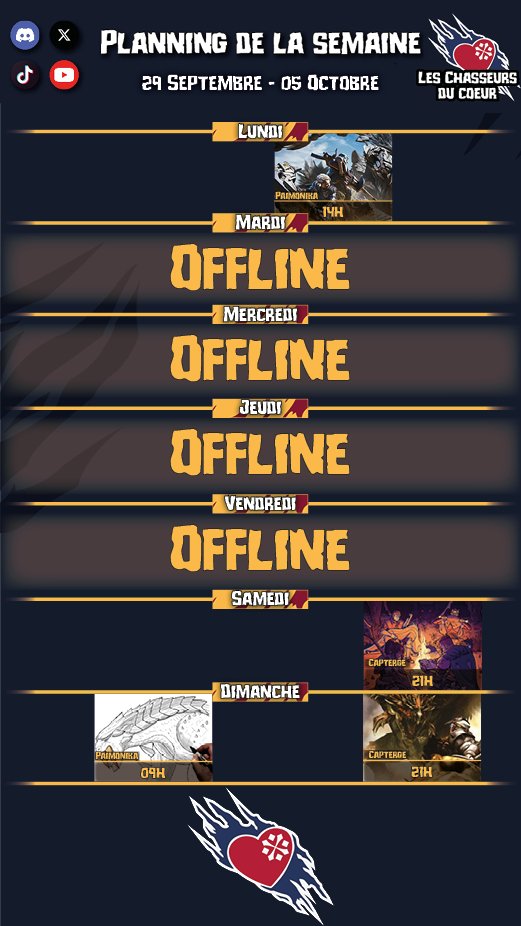 Hello les hunters ! 
<a href="/Paimonika/">Paimonika ~ Lunastra fan account</a> vous attend sur Wilds dès 14h pour découvrir la 3ème MAJ !
Samedi soir, <a href="/CDC_Capterge/">Capterge</a> remet le couvert pour une session JDR !
Dimanche, la matinée sera animée par <a href="/Paimonika/">Paimonika ~ Lunastra fan account</a> pour un stream dessin, et <a href="/CDC_Capterge/">Capterge</a> sur MH Freedom dans la soirée.