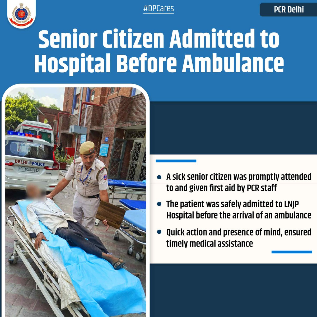 DCPPCRDELHI's tweet image. #PCR #Delhi acted swiftly as a sick senior citizen was given first aid and safely admitted to #LNJP #Hospital before an ambulance arrived. Quick thinking and prompt action by the staff ensured timely medical care and safety for the elderly patient.

#DPCares
#PCRUpdates