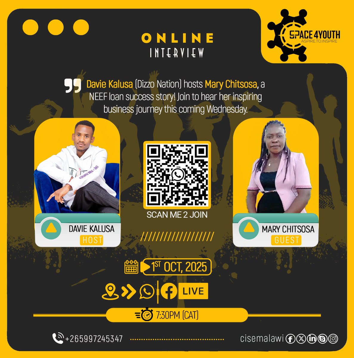 cisemalawi's tweet image. Don’t miss out! Join  @Spac4youth WhatsApp group &amp;amp; catch an inspiring interview with a NEEF youth beneficiary thriving in her business hosted by #DizzoNation. Let’s learn, grow &amp;amp; win together! chat.whatsapp.com/JkbbWZbsqnp6T6…...