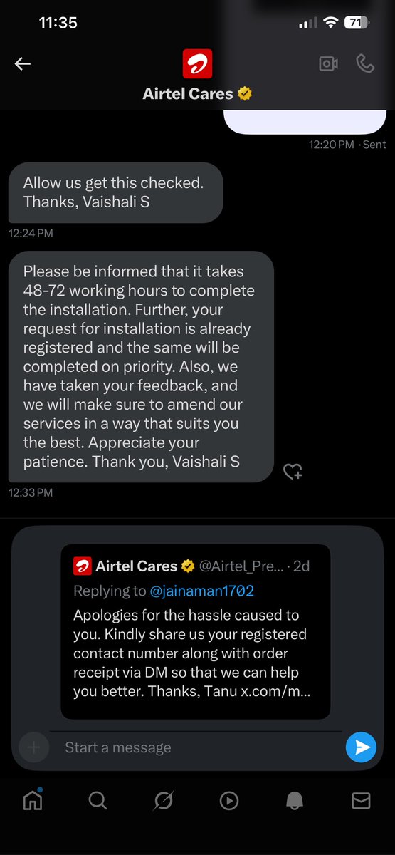 nw it’s almst 96 hrs.bt nt installed Ws askd to call 9810012345 to raise complain, bt thr is no option to raise complain.plz cancel it if cnt get installed evn today.<a href="/airtelindia/">airtel India</a> <a href="/Airtel_Presence/">Airtel Cares</a> <a href="/airtelnews/">Bharti Airtel</a> #WorldHeartDay #AsiaCup2025