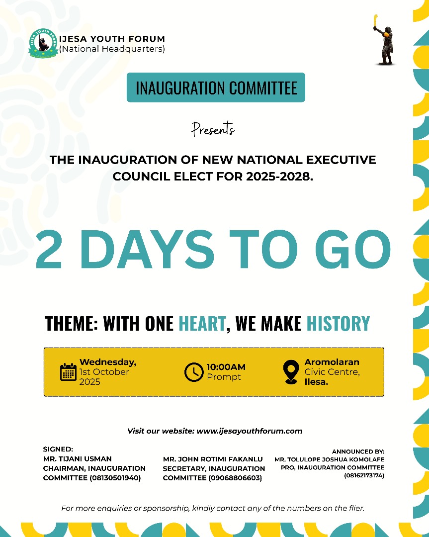 ijesayouthpro's tweet image. The ⏰ is ticking and the 📅 is near.

A memorable event you don&apos;t want to miss!

#IYF 
#InnagurationCeremony 
#TwoDaysToGo