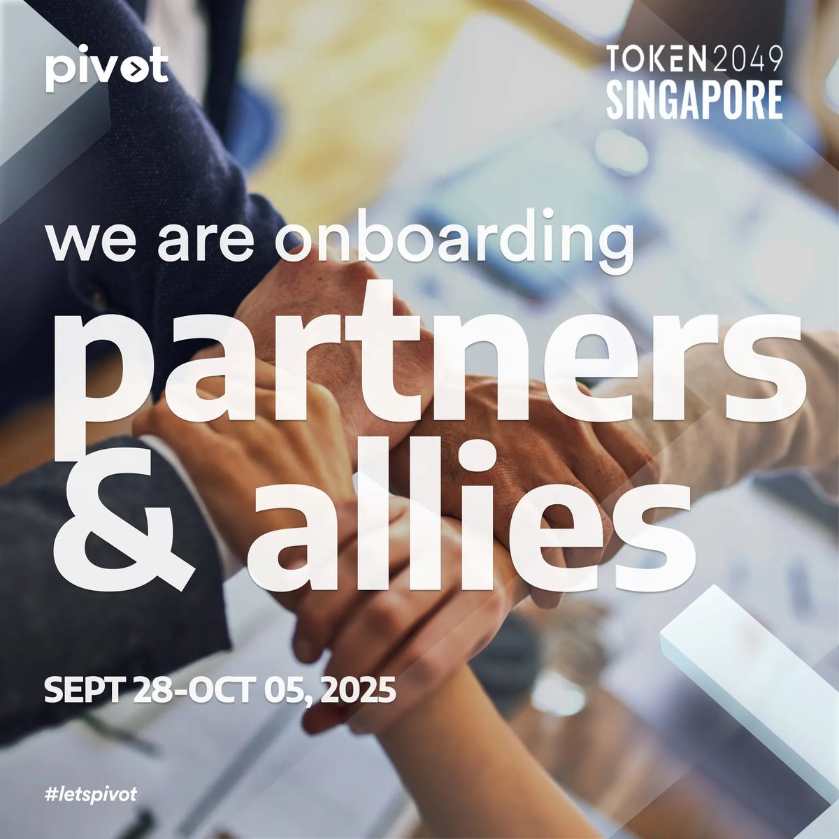 0xPivot_'s tweet image. 🌱 Pivot @ TOKEN2049 Singapore 🇸🇬 Growing the Pivot Ecosystem 🌱

We are deepening our alliances within the ecosystem that power sustainable #Web3 growth.

We are looking to team up with:

⚙️ Networks, L1s/L2s, protocols &amp;amp; infra builders
✍️ Market makers, #launchpads, auditors &amp;amp;…