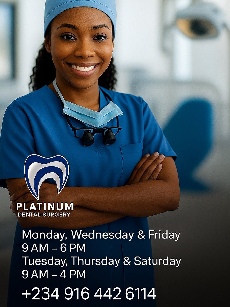 platinumde's tweet image. 🦷 Creating New Smiles at Platinum Dental Surgery
Now even more convenient with extended hours!
✨ Mon • Wed • Fri: 9 AM – 6 PM
✨ Tue • Thu • Sat: 9 AM – 4 PM

📞 +234 916 442 6114
Your perfect smile is just an appointment away.

#PlatinumDental #CreatingNewSmiles #Dental