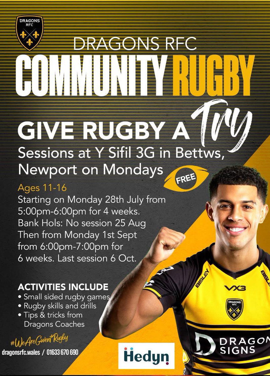 🐉𝗖𝗼𝗺𝗺𝘂𝗻𝗶𝘁𝘆 | Give Rugby A Try

Give Rugby A Try is on tonight at Y Sefil Bettws 

Whether you’ve played before or just looking to start up, come and join the fun.

It’s all FREE,  no need to book on as it’s all funded by <a href="/hedynwales/">Hedyn</a> 

#wearegwentrugby <a href="/dragonsrfc/">Dragons RFC 🐉</a>