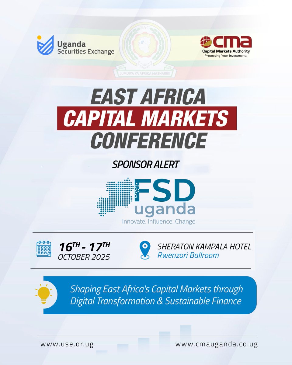 USEUganda's tweet photo. We’re pleased to welcome @FSDUganda as a Sponsor of #EACMC2025 🎉

FSD Uganda champions inclusive finance innovation &amp; supports investment readiness to expand access to capital markets. https://t.co/qpw5nMNkKI