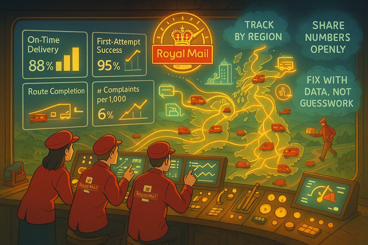 SCNuggets's tweet photo. Royal Mail’s war room isn’t about trucks, it’s dashboards.

As letters declined and parcels exploded, Royal Mail didn’t just add vans. The company tracked every step: on-time rates, failed deliveries, route times, and even friendliness scores.

And the numbers exposed patterns:
Some depots always ran late, so routes were split.
Some regions had endless failed attempts, so more lockers were installed.

In 2019, data showed too many parcels circling back. Solution? Automated notifications + online redelivery. Within a year, success rates jumped and repeat trips dropped.

Lesson: What you measure, you can move.

Supply chains collapse when blind, and they adapt when data flows.

Companies that track metrics relentlessly turn problems into opportunities for improvement.

Miss the numbers, miss the chance.

Want more supply chain stories?

Subscribe here:
https://t.co/VMyFBFZFuJ

Check out our website:
https://t.co/SKROxWldLY