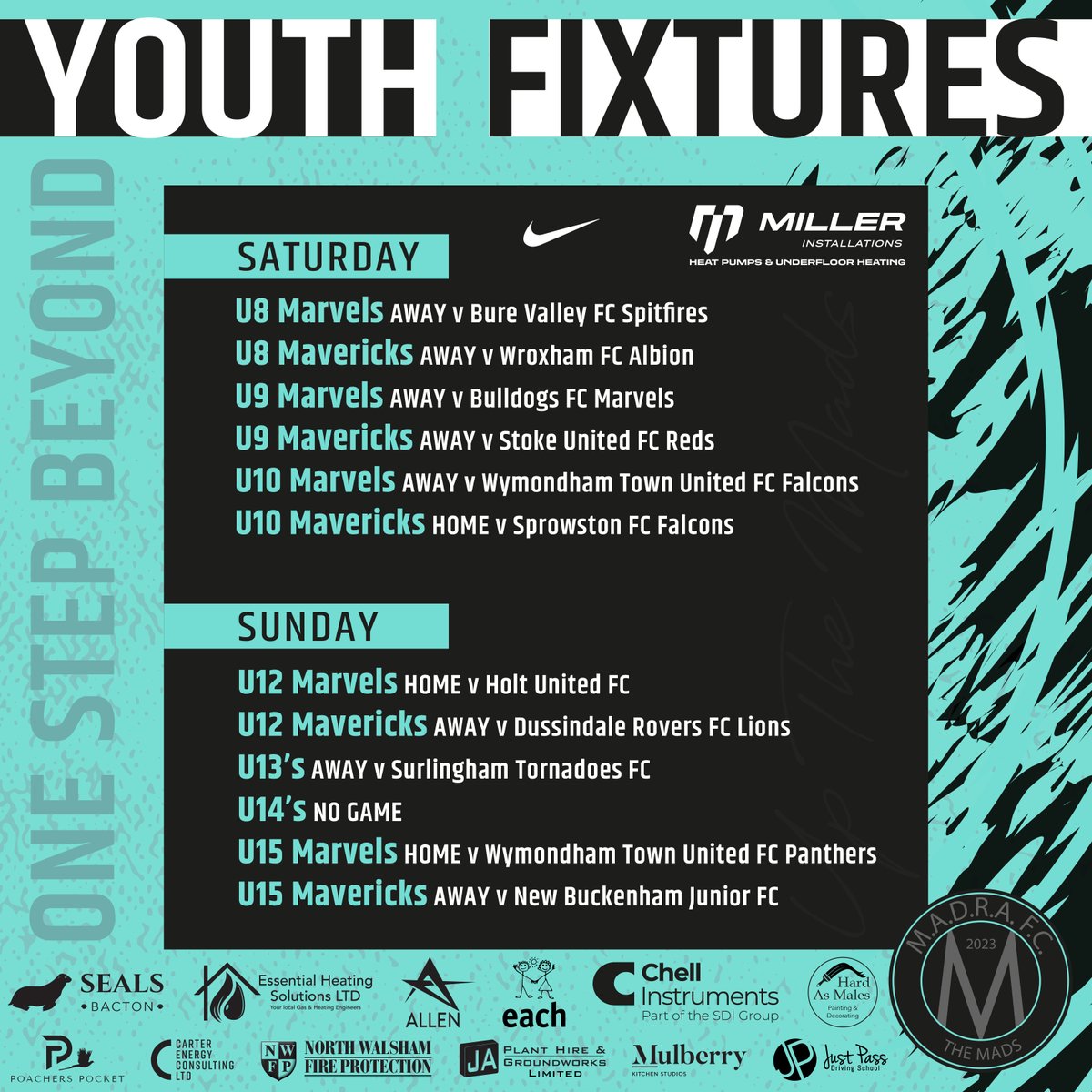 𝗬𝗢𝗨𝗧𝗛 𝗙𝗜𝗫𝗧𝗨𝗥𝗘𝗦
Majority of our Youth Sides are on their travels this weekend.
#UpTheMads #OneStepBeyond