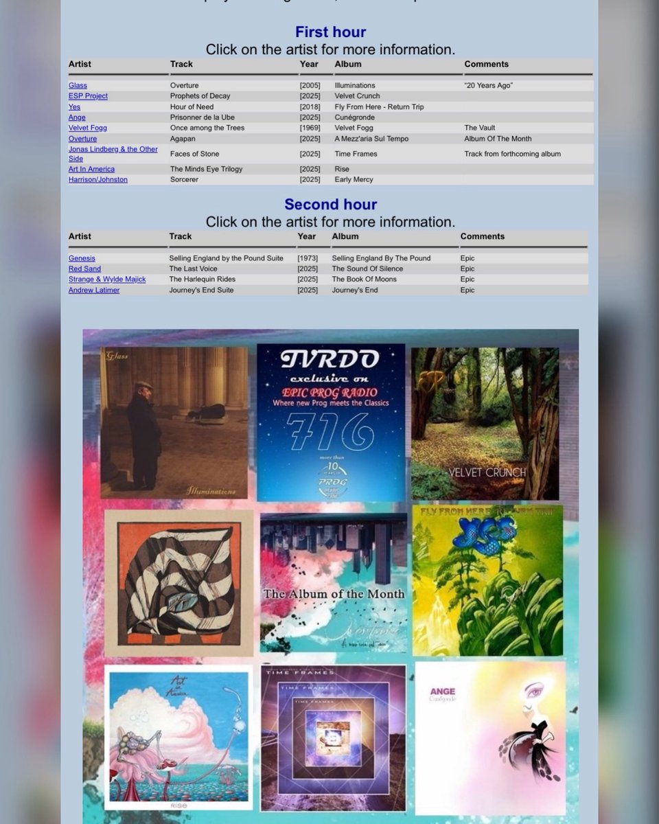 Tonight on Epic Prog Radio

Epic Prog and Rock World
Presenter, Bob Prigmore
8pm CET, 7pm UK time, 2pm EST

TVRDO Show
Presenter, Frans Verweij
10pm CET, 9pm UK time, 4pm EST

epicprogradio.com
linktr.ee/epicprogradio

#progressiverock #progrock #airplay #epicprogradio
