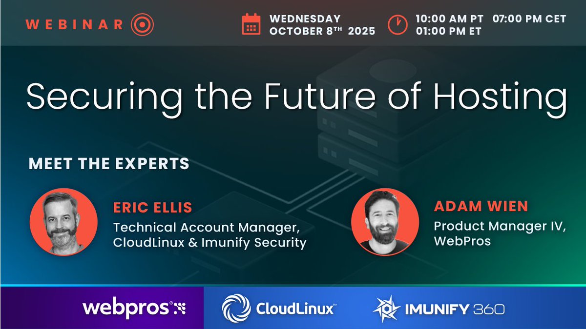 CloudLinuxOS's tweet image. 8/10 businesses brought in extra security.
Join us for a session that explores why.
On Oct 8, we'll be hosting Securing the Future of Hosting. It’s a live panel discussion, followed by a Q&A, with experts taking all of your questions.
Click here for more: hubs.ly/Q03G8L8X0