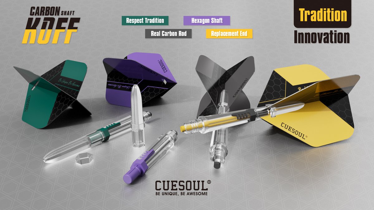 The CUESOUL KOFF flight system is an innovation on tradition foldable flights.
2 parts shaft in unique hexagonal design : front with a carbon fiber rod for enhanced stiffness and durability, while the rear can be replaced as it is frequently damage by dart points in dart games.