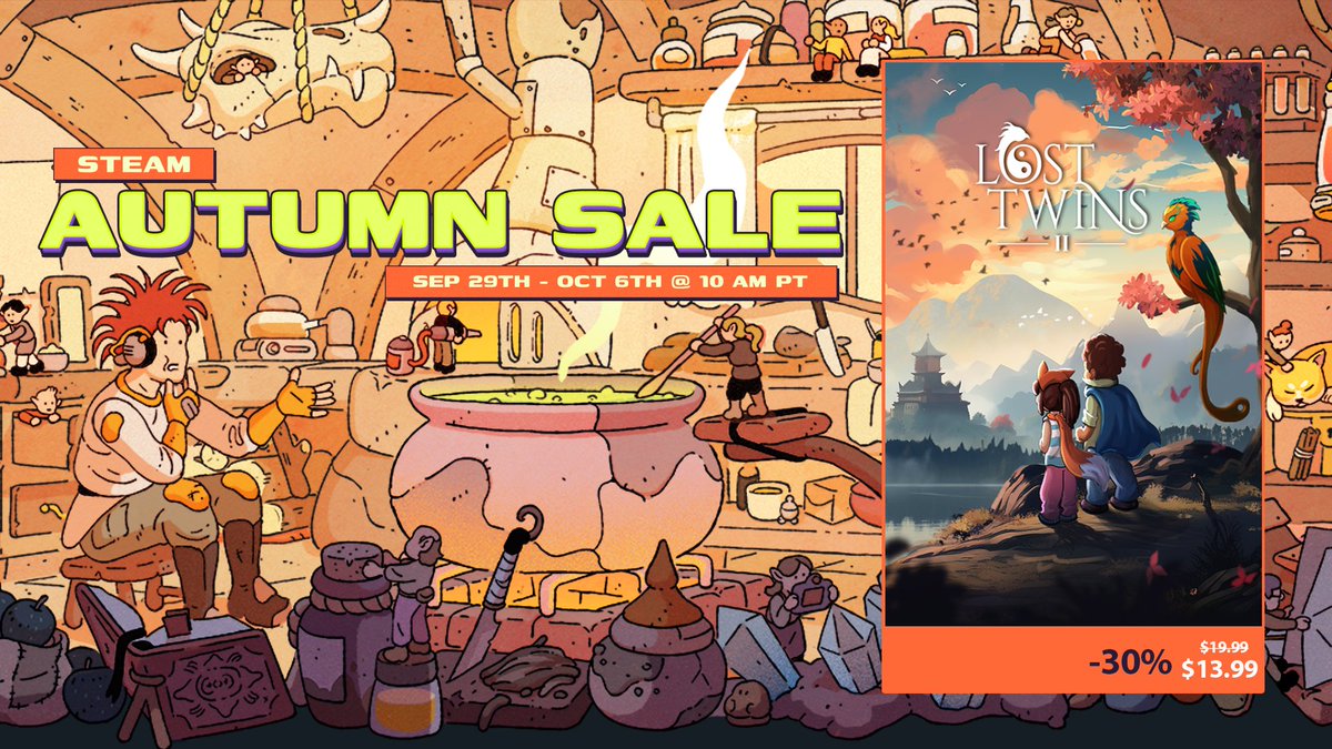 🍂 Autumn Sale Splash! 🌊

Lost Twins 2 is 30% OFF during the Steam Autumn Sale 🎉…and that’s not all. The brand-new Water Levels Update is out now! 🐠💙

Don’t miss this chance to dive in at a discount!
👉 store.steampowered.com/app/1752540/Lo…

#LostTwins2 #AutumnSale #IndieGame #PuzzleGame