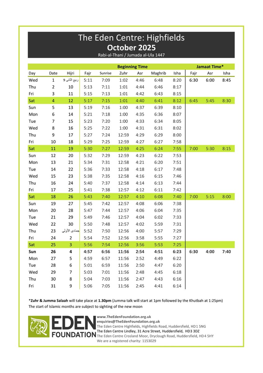 TEFHudds's tweet image. October 2025 Timetable 
#edenfoundation #Highfields