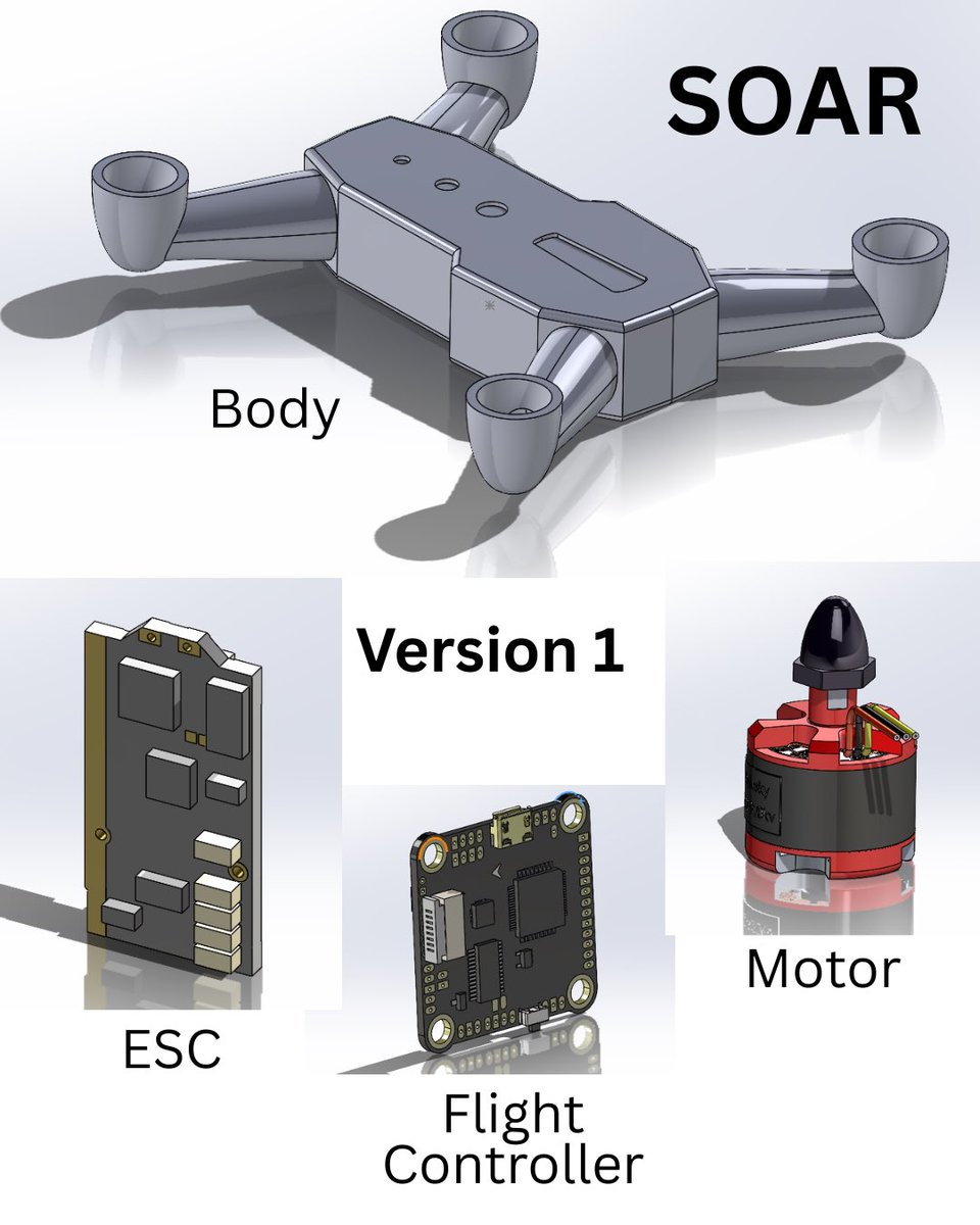 Aidenerard's tweet photo. Continuing my drone project with @startupxchange. This is the first design using Solidworks. I plan to make another design or two before printing. I would love some feedback! https://t.co/HI6kRe8Gs9