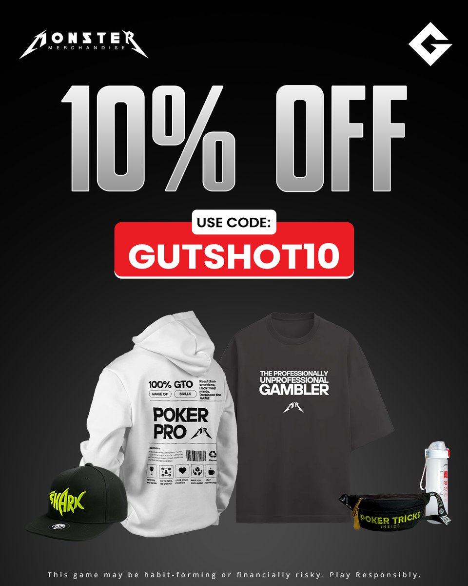 Bring the poker grind to your wardrobe with Monster Merchandise.
Gutshot gives you an exclusive 10% off when you shop for your favourite poker gear on The Poker Store.

🎟️ Code: GUTSHOT10
🔗 Shop now: thepokerstore.in
🧢 Merch: Hoodies, tees, caps &amp; more
💰 Discount: 10%