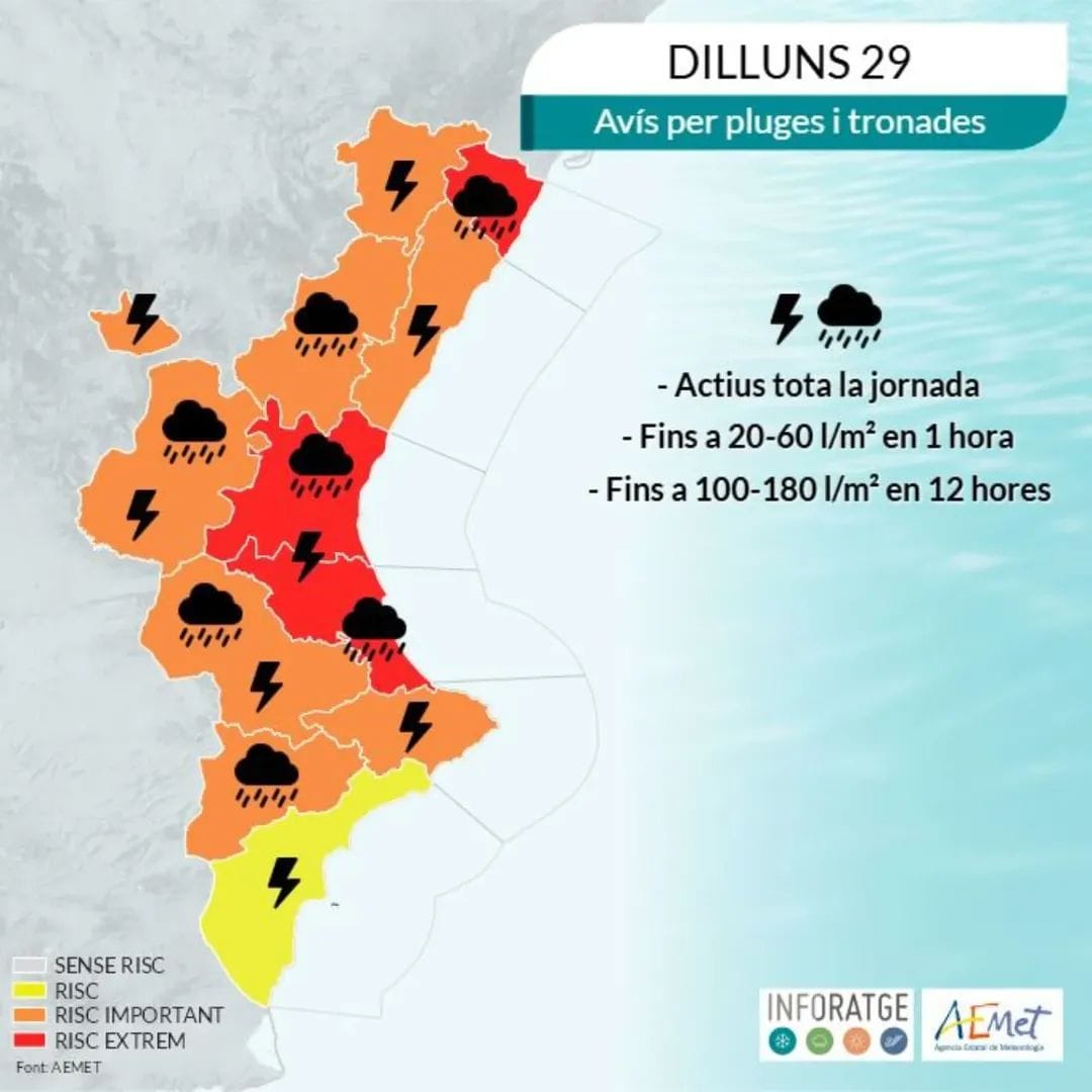 📣 Atenció! Informació sobre la situació climatològica que afecta Vilafamés i el territori valencià 

⚠️ L'alerta taronja 🟠 d'avís per pluges i tronades continua activada en dilluns 29 de setembre

❗️ Es demana precaució a l'hora de circular per carreteres i seguir recomanacions