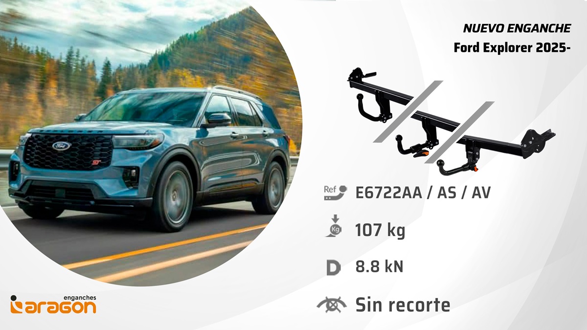Nuevo en Enganches Aragón ya tenemos el enganche para el Ford Explorer 2025 (versión europea).
👉 Remolca hasta 1.320 kg.
👉 107 kg sobre la bola.
👉 Sin recortes ni tapas indeseadas.
Listo para enganchar y rodar. 
 #fordexplorer #enganchesaragon