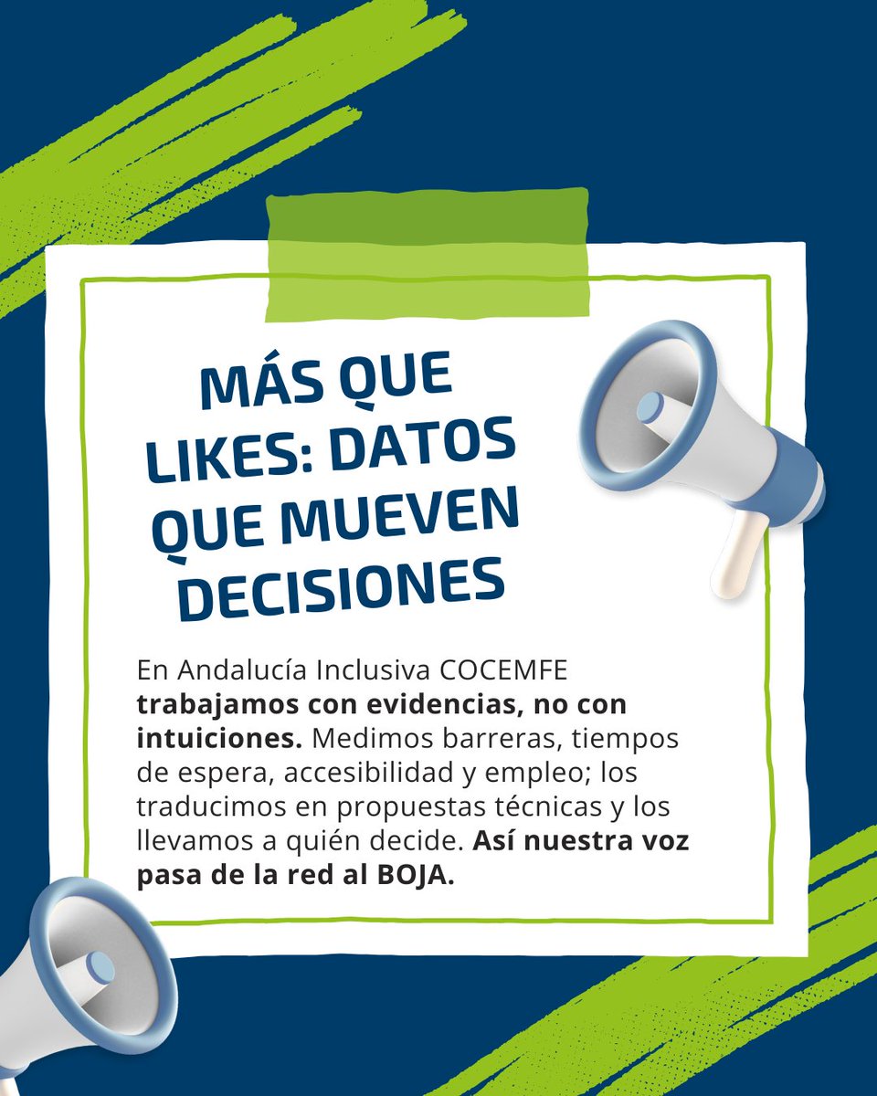 En Andalucía Inclusiva COCEMFE trabajamos con evidencias, no con intuiciones. Medimos barreras, tiempos de espera, accesibilidad y empleo; los traducimos en propuestas técnicas y los llevamos a quién decide. Así nuestra voz pasa de la red al BOJA.

#personascondiscapacidad