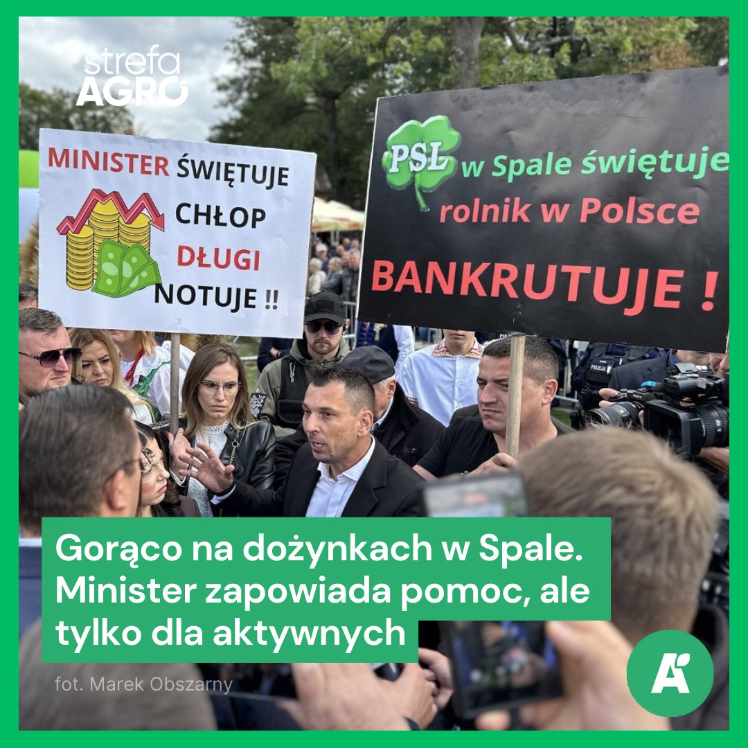 Minister świętuje, chłop długi notuje - to jedno z haseł, z którym rolnicy przyszli protestować na Dożynki Polskie w Spale. Minister wyszedł do nich z chlebem strefaagro.pl/dozynki-w-spal…