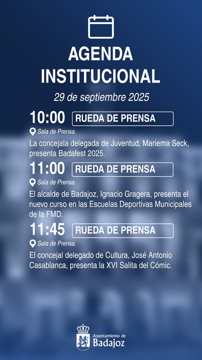 🗓️ Agenda del Ayuntamiento de #Badajoz para este lunes, 29 de septiembre de 2025. 

aytobadajoz.es