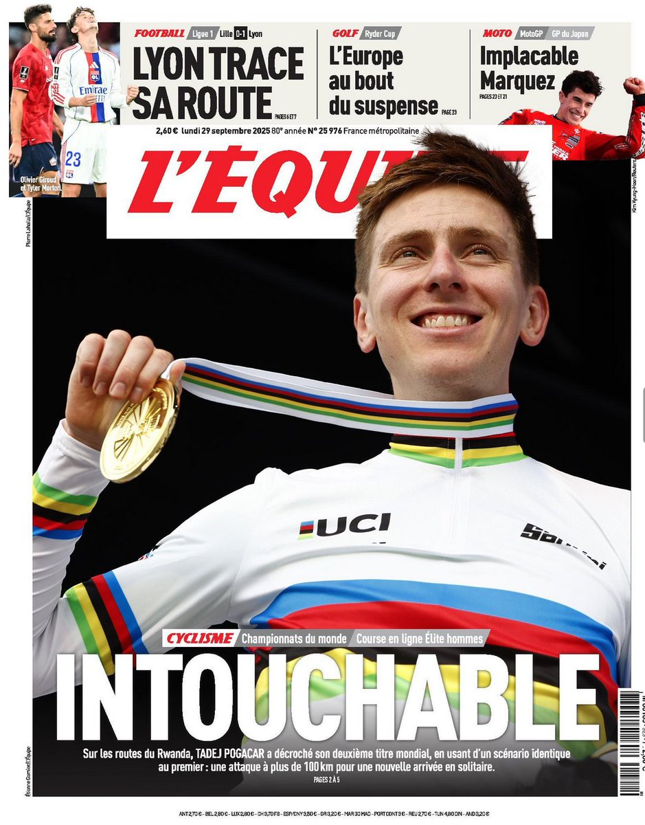 Untouchable Pogacar on the front page of today's L'Equipe. 🌈
#Kigali2025