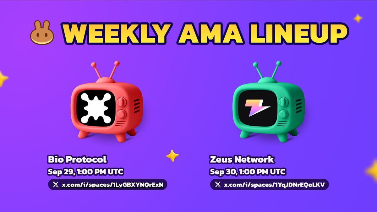PancakeSwap (@pancakeswap) on Twitter photo GM Monday 😎
We’ve got two exciting AMAs lined up this week:
1. Bio Protocol
Science meets blockchain. Discover how <a href="/BioProtocol/">Bio Protocol</a> is building a financial layer to commercialize groundbreaking research faster.
🗓️ Sep 29, 1 PM UTC
🎙️ x.com/i/spaces/1LyGB…
2. Zeus Network GM Monday 😎
We’ve got two exciting AMAs lined up this week:
1. Bio Protocol
Science meets blockchain. Discover how <a href="/BioProtocol/">Bio Protocol</a> is building a financial layer to commercialize groundbreaking research faster.
🗓️ Sep 29, 1 PM UTC
🎙️ x.com/i/spaces/1LyGB…
2. Zeus Network