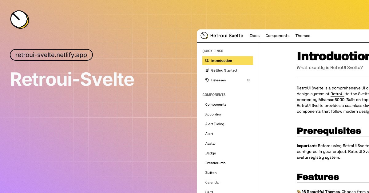 Mhamad_6000's tweet image. 🚀 Just dropped retroui-svelte!
A retro-styled component library for #Svelte, built on top of shadcn-svelte.
✨ Features:
- +40 Components (Button, Card, Input, Switch, etc.)
- Drop-in, customizable, themeable
👉 github.com/Mhamad6000/ret…
#SvelteJS #WebDev #UIUX #Frontend