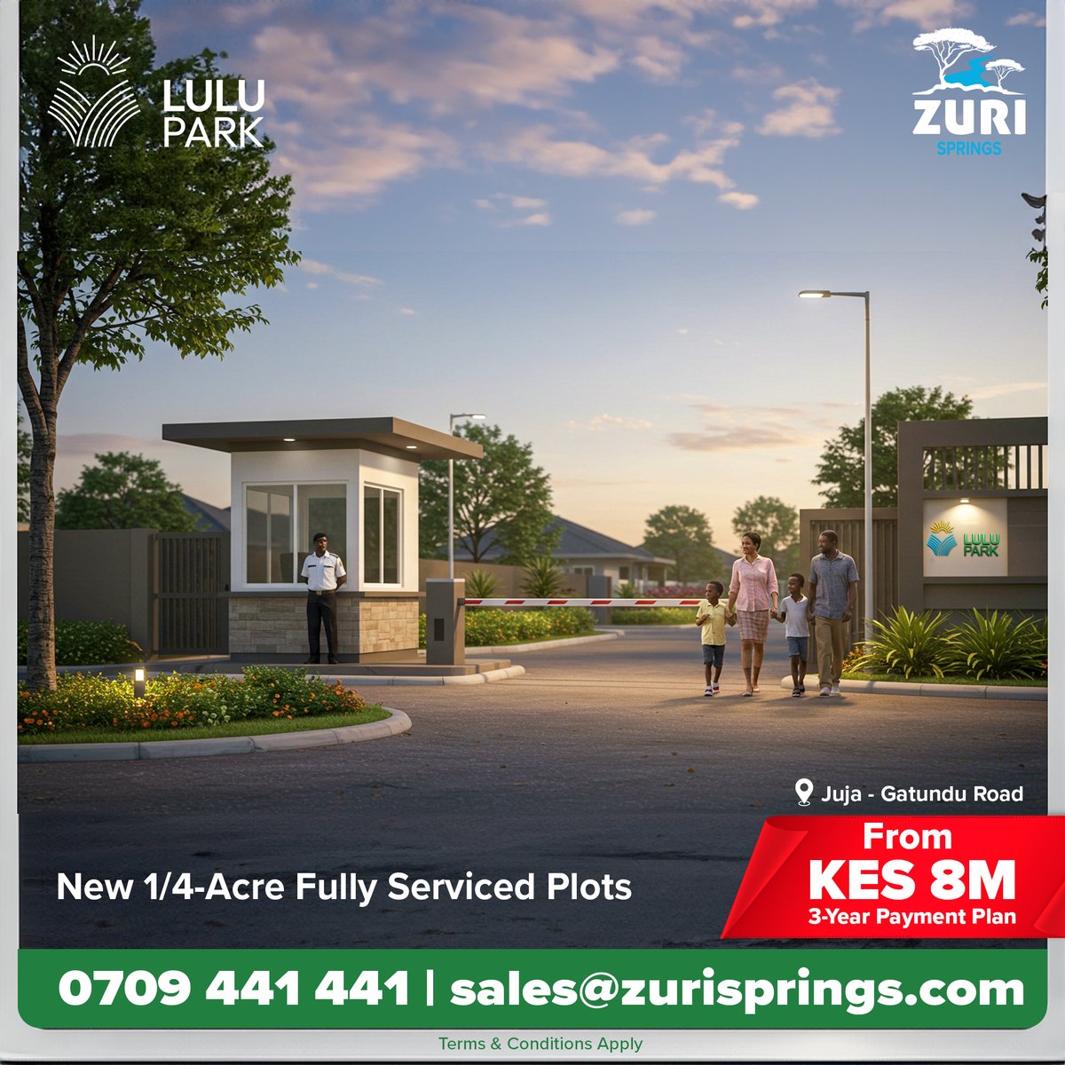 New Property Alert.

Lulu Park at Zuri Springs, Juja is now ready for YOU!

Secure your fully serviced quarter-acre plot from KES 8M at exclusive early-bird pricing.
Lulu Park combines secure, gated living with reliable water and power to every plot, all set within a 28-acre